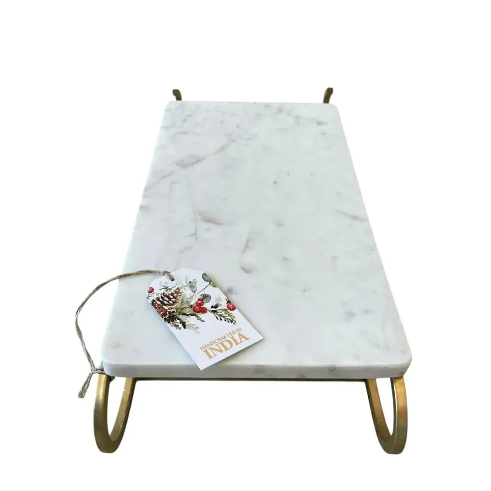 Marble Sledge Holiday Serving Tray 18x8 White & Gold Metal Handmade in India